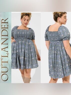 Torrid X Outlander Blue Ditzy Floral Smocked Bodice Puff Short Sleeve